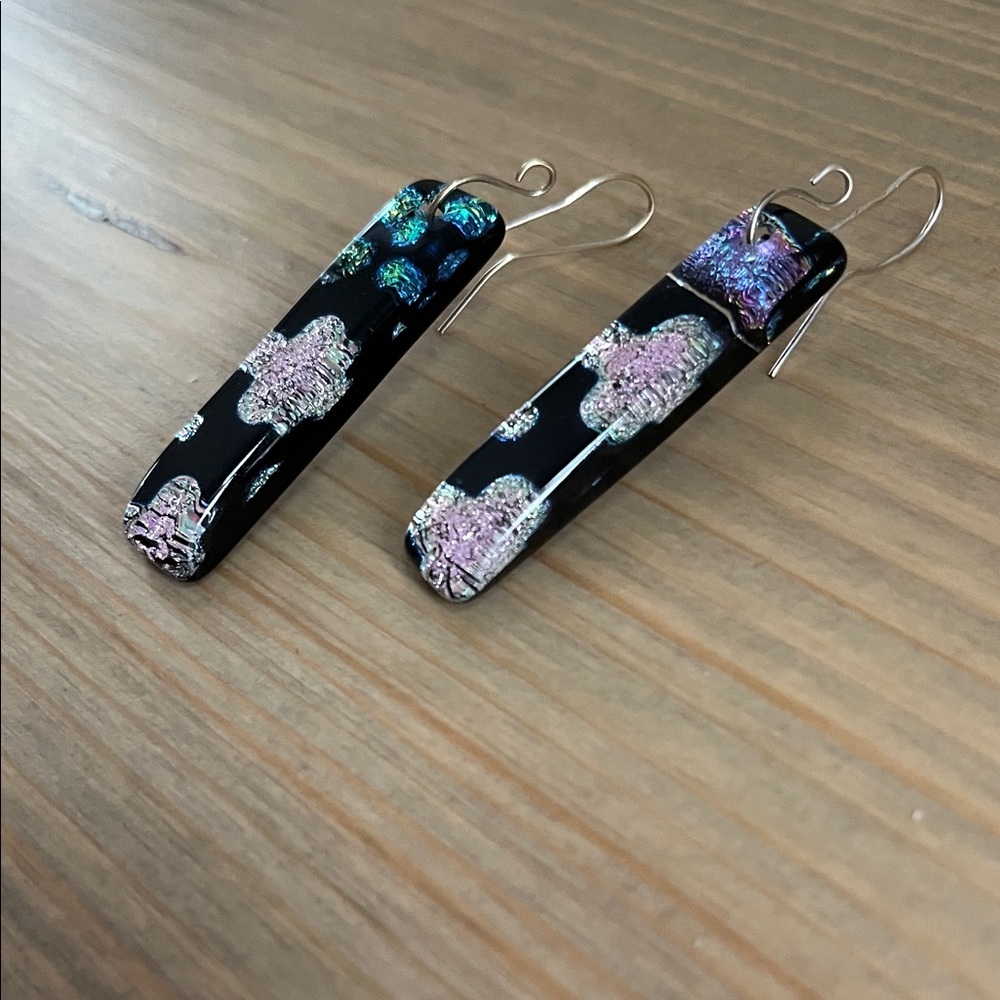 Handmade Black Dichroic Glass Drop Earrings with Pink Accents - Picture 3 of 5